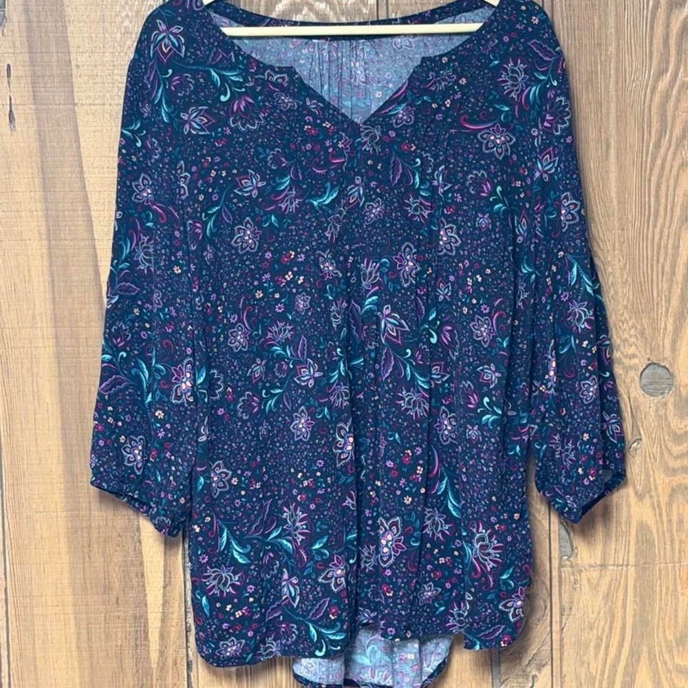 Kohl's purple floral blouse with teal and pink accents, 3/4 sleeves, flowy,